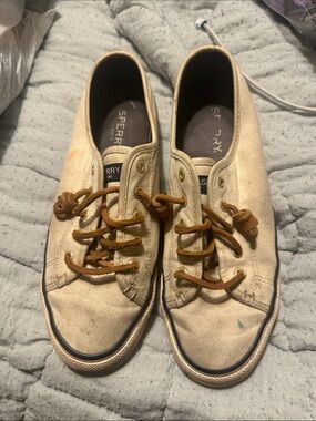 Sperry Tan Canvas Boat Shoes with Brown Laces